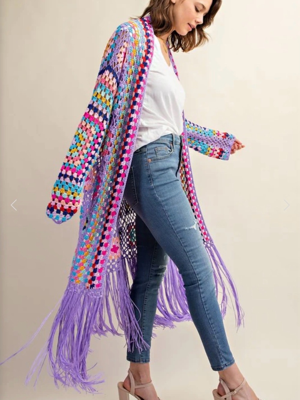 Lavender Multi-Color Crochet Fringe Cardigan Sweater
